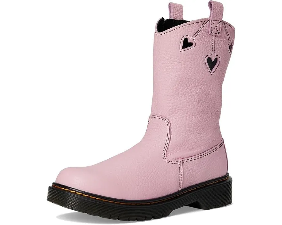 Dr. Martens Bex Heart Boots Kids Pink Leather Round Toe Mid-Calf JOBB1550 Full Quill Ostrich Boots