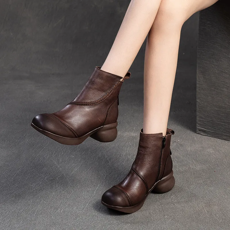 Women Vintage Solid Leather Low Block Ankle Boots Galoshes Vs Rain Boots