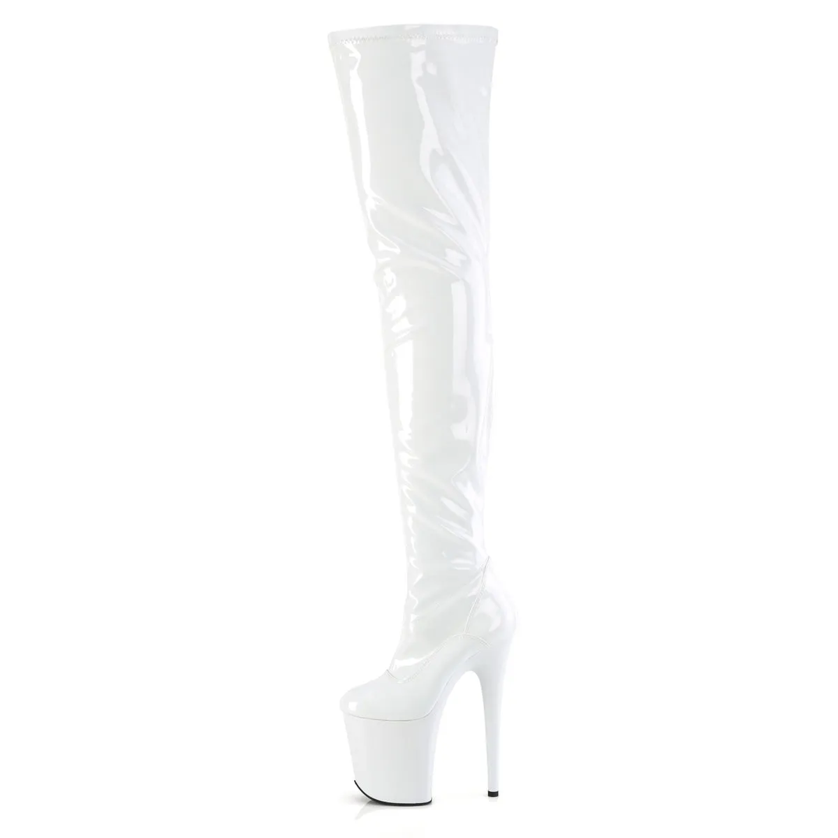 Low Heel Knee High Boots Leather 8 Inch Heel FLAMINGO-4000 White Stretch Patent