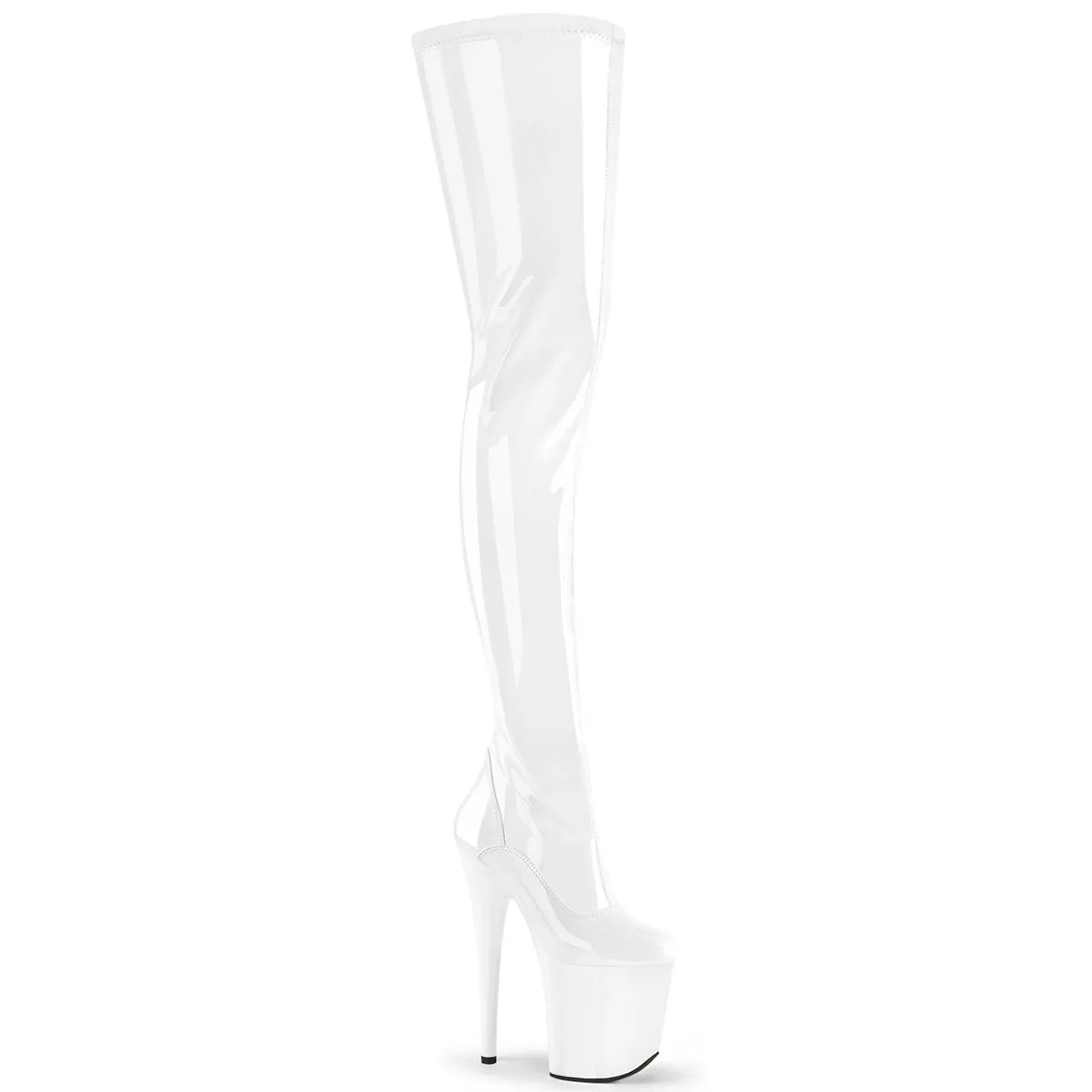 Thigh High Boots Denim 8 Inch Heel FLAMINGO-4000 White Stretch Patent