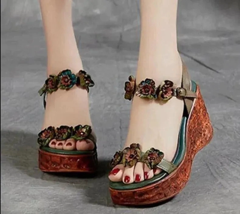 Floral PU Leather Wedge Sandals Sole Sandals