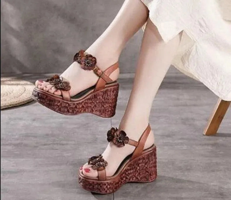Floral PU Leather Wedge Sandals Best Orthopedic Sandals