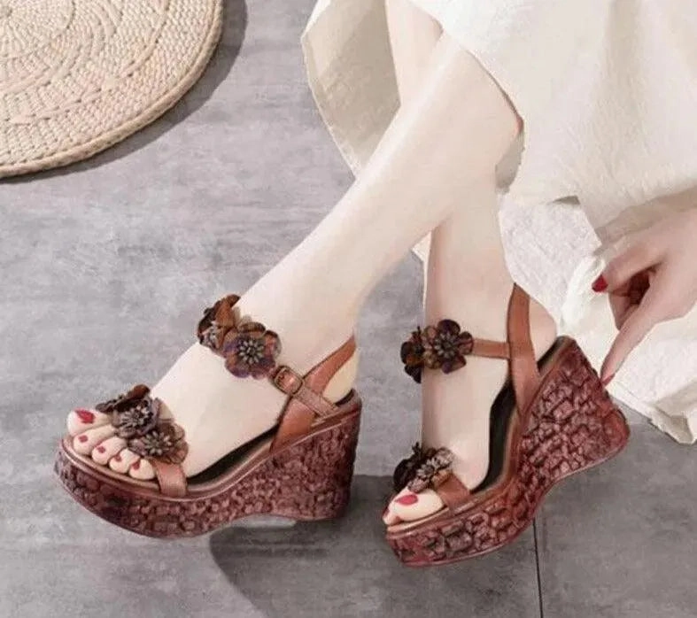 Block Heel Sandals Low Heel Floral PU Leather Wedge Sandals