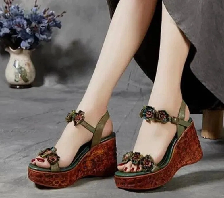 Floral PU Leather Wedge Sandals Madrid Sandals