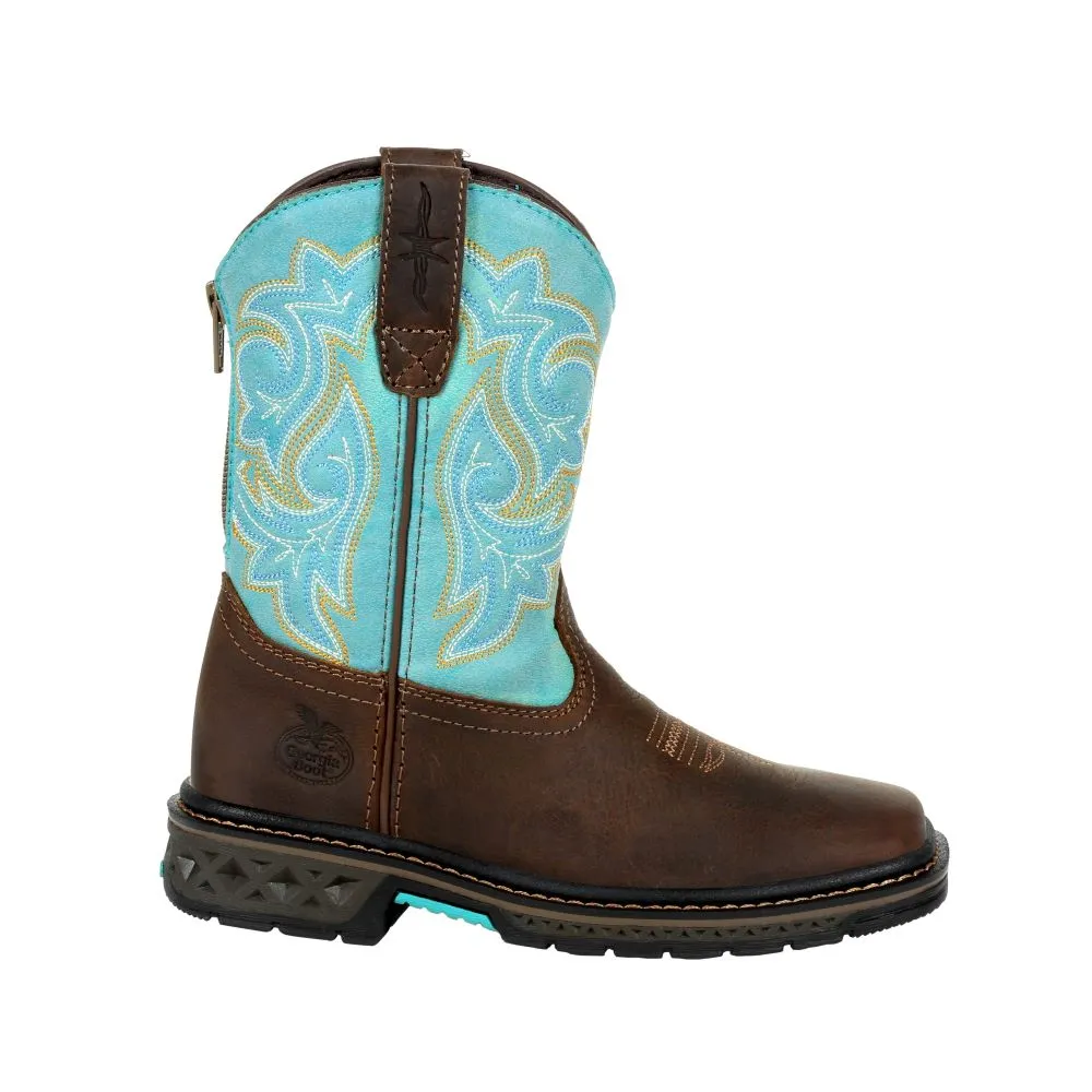 'Georgia Boot' Children's 8" Carbo-Tec Western Square Toe - Brown / Turquoise (Sizes 8.5C-3Y) Skull Cowboy Boots