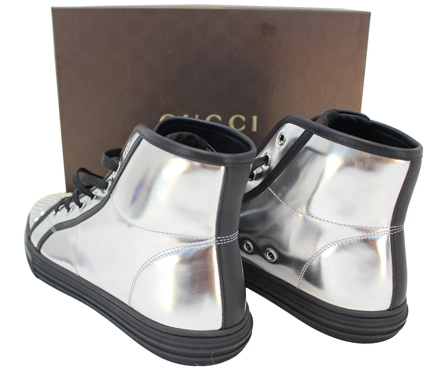 Newest Casual Shoes GUCCI Womens Metallic Leather High Top Studs Sneakers Size 41 G US 11.5 370875
