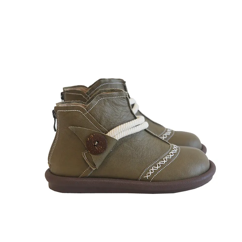 Women Retro Soft Cowhide Casual Ankle Flat Boots Vinyl Rain Boots