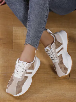 Women Letter Patch Decor Floral Pattern Lace-up Front Sports Shoes, Sporty Outdoor Running Shoes Trail Meister