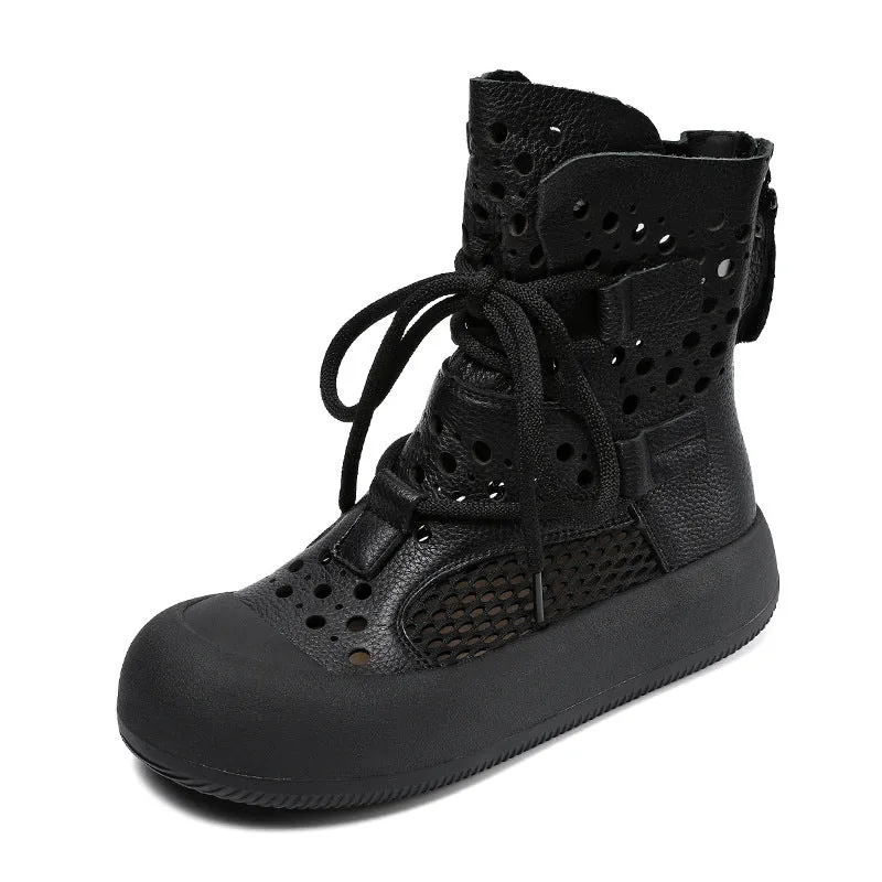 Rhinestone Ankle Boots Women Retro Plain Hollow Leather Mesh Casual Boots