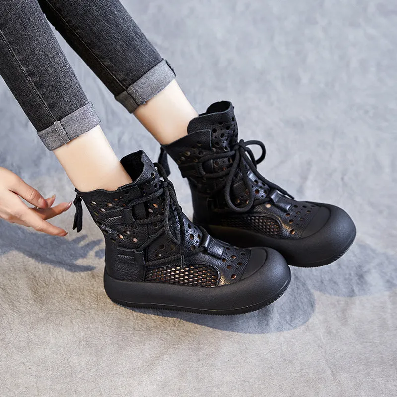 Women Retro Plain Hollow Leather Mesh Casual Boots African Ranger Boots
