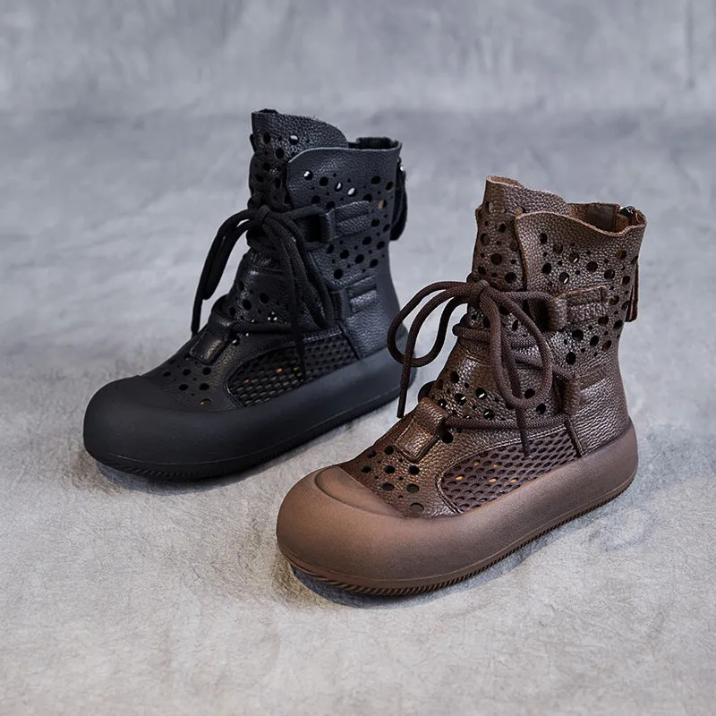 Women Retro Plain Hollow Leather Mesh Casual Boots Waterproof Walking Boots