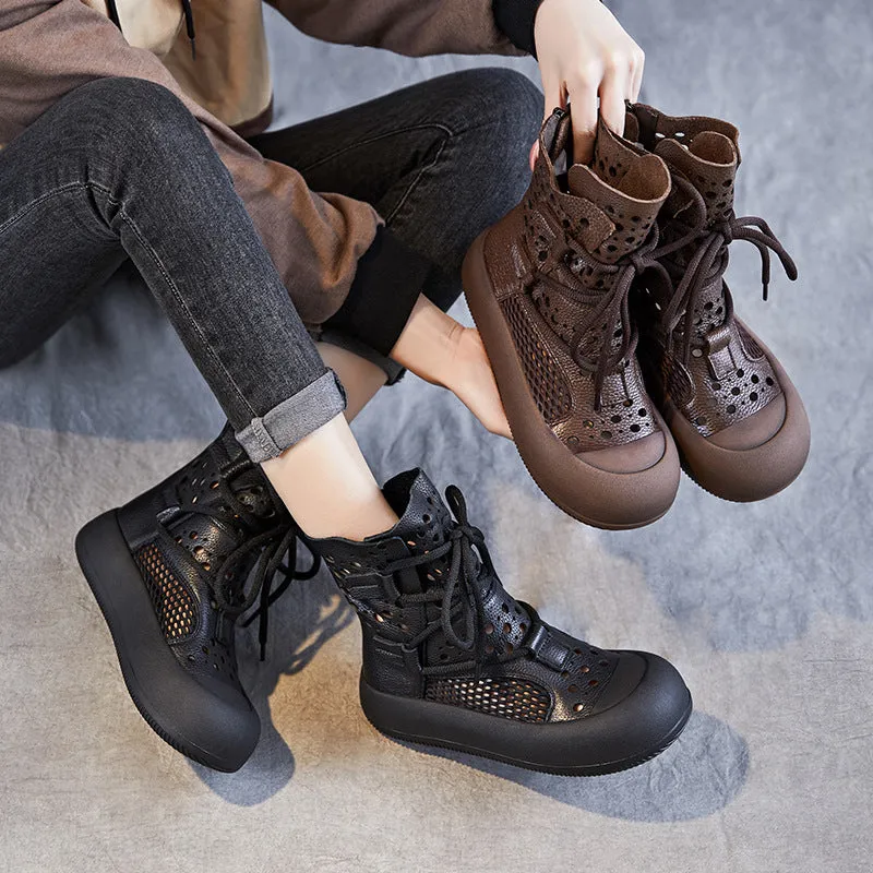 Apres Boots Women Retro Plain Hollow Leather Mesh Casual Boots