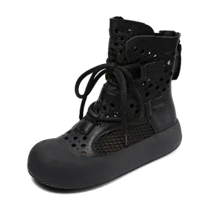 Women Retro Plain Hollow Leather Mesh Casual Boots Lightweight Steel Cap Boots