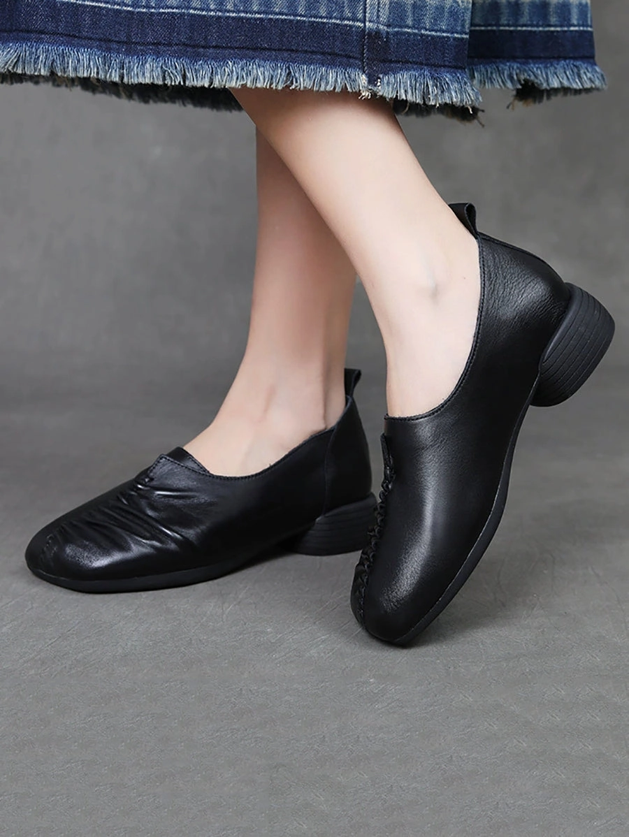 Heel Mid Genuine Leather Spliced Shoes Women Vintage
