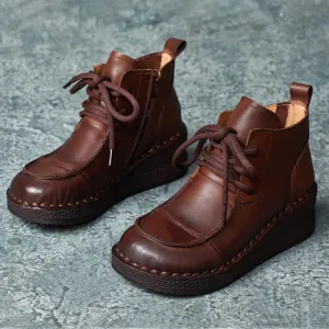 Rubber Hunting Boots Women Retro Handmade Leather Wedge Ankle Boots