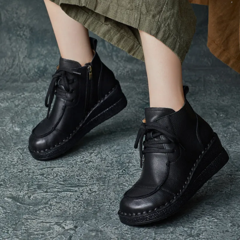 Horse Sport Boots Women Retro Handmade Leather Wedge Ankle Boots