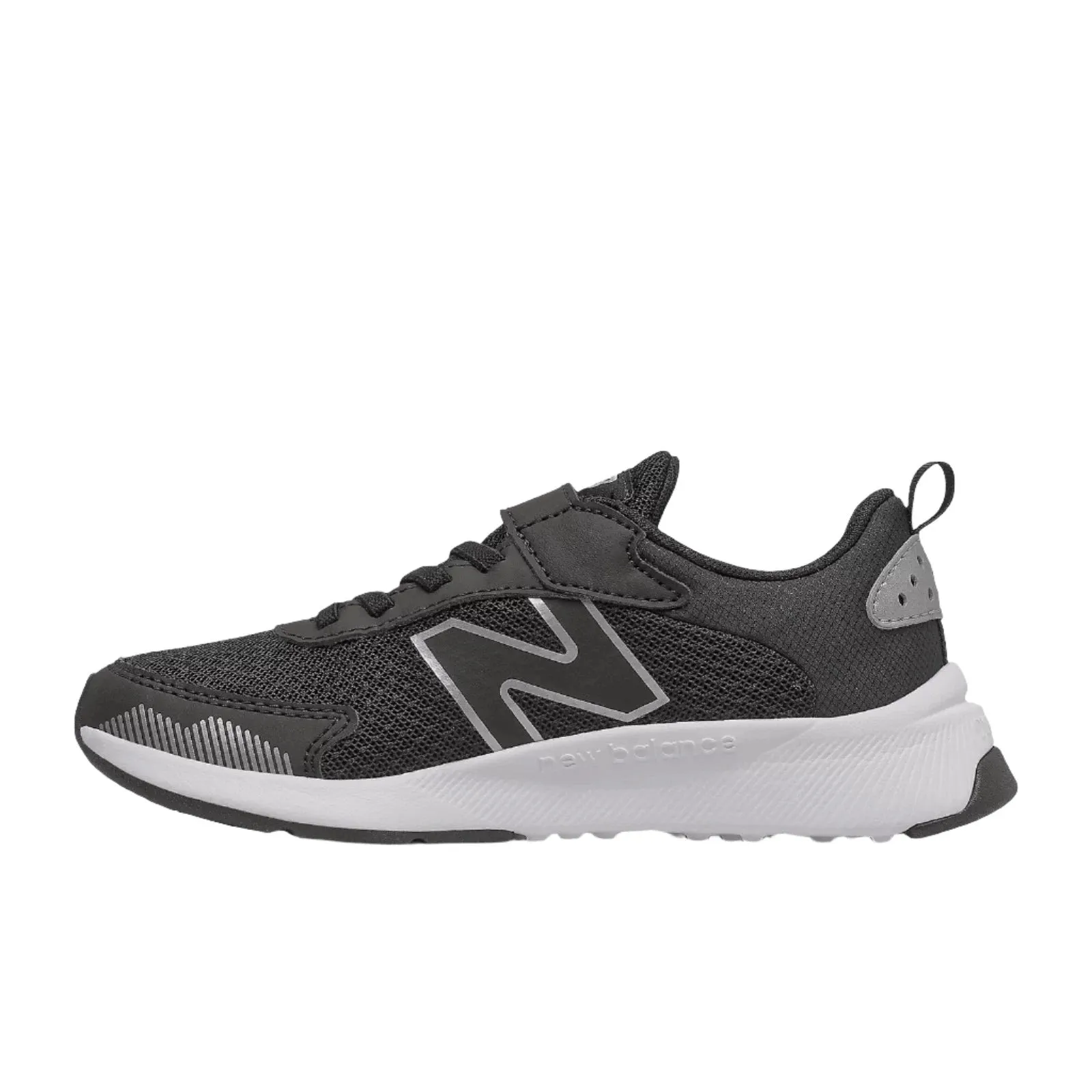 Kid's Dynasoft PT545BO1 Bungee Lace with Top Strap Black/White/Silver Metallic (10.5c-3Y) New Balance Xc72