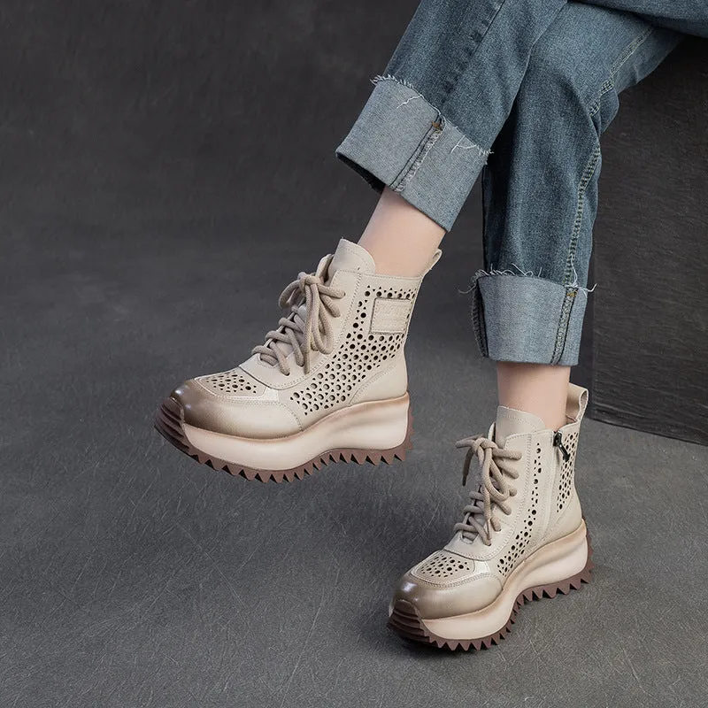 Cowboy Boots Steel Toe Women Retro Hollow Leather Thick Lug Sole Boots