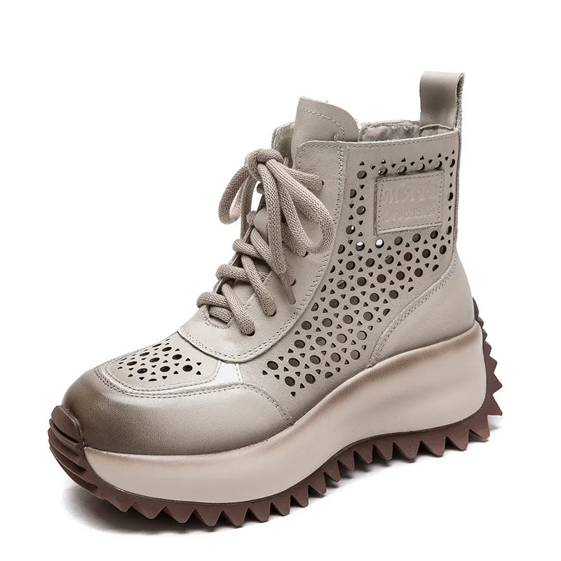 Women Retro Hollow Leather Thick Lug Sole Boots Steel Toe Military Boots