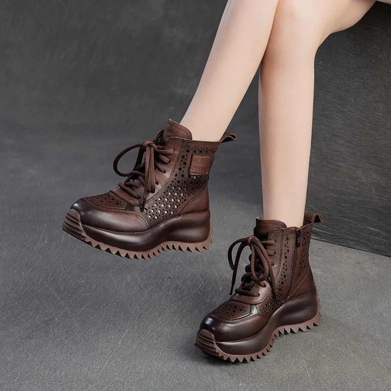 Water Walking Boots Women Retro Hollow Leather Thick Lug Sole Boots