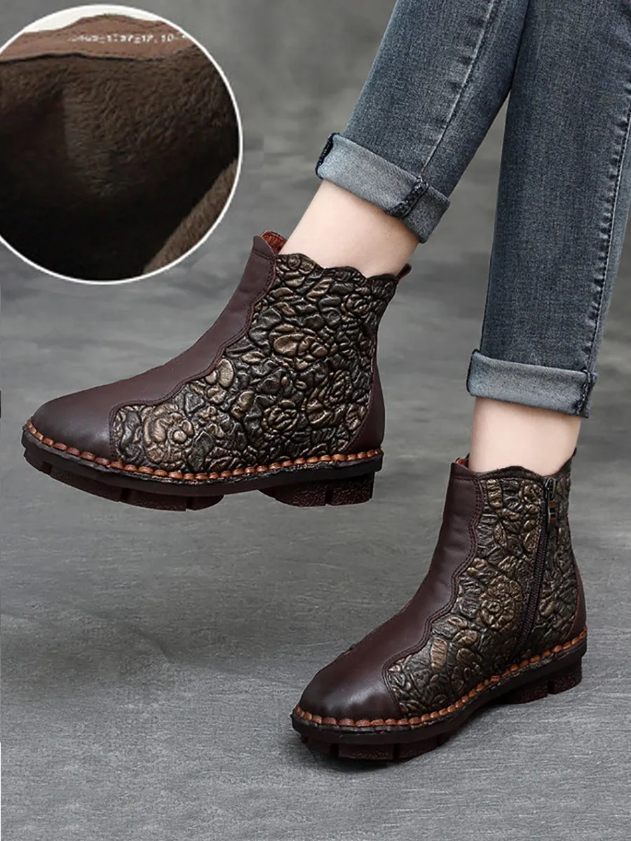Women Retro Flower Leather Spliced Zipper Low Heel Boots AT1067 Rain Wedge Boot