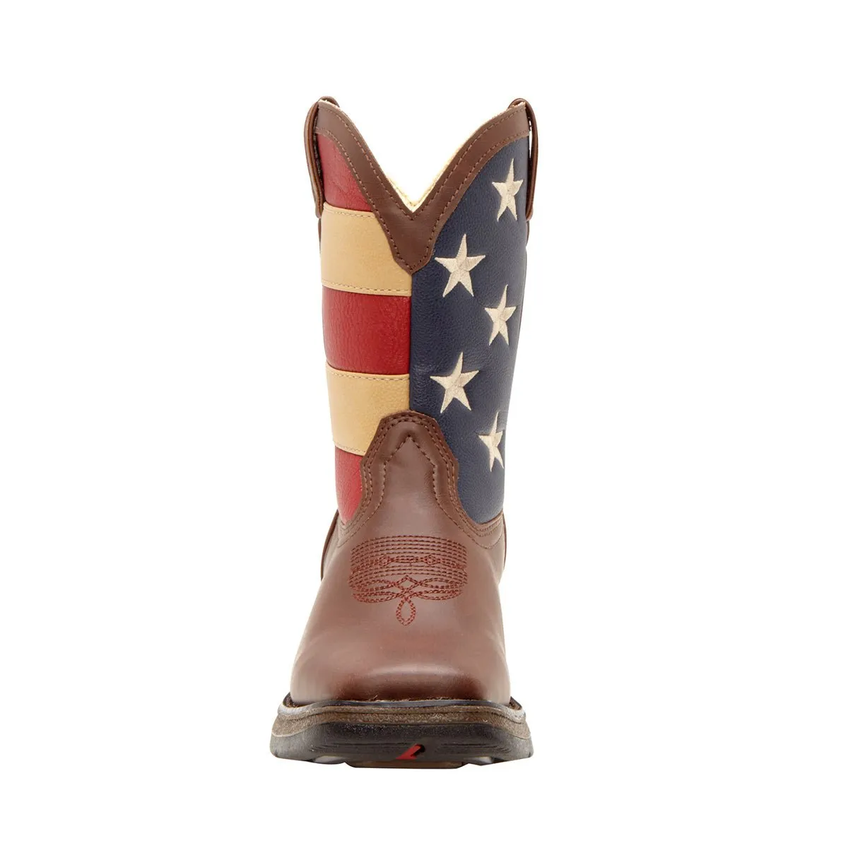 A Simple Favor Rain Boots Lil' Durango Kids Boys Brown Faux Leather Union Flag Pull-On Cowboy Boots