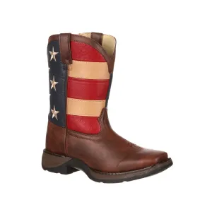 Insulated Waterproof Rain Boots Lil' Durango Kids Boys Brown Faux Leather Union Flag Pull-On Cowboy Boots