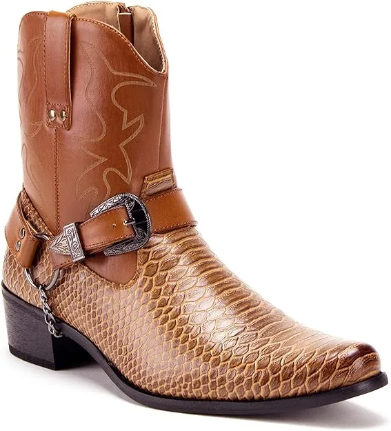Waterproof Hunting Boots Men's Western Ankle High Cowboy Riding Dress Boots, Snake Print w/Belt