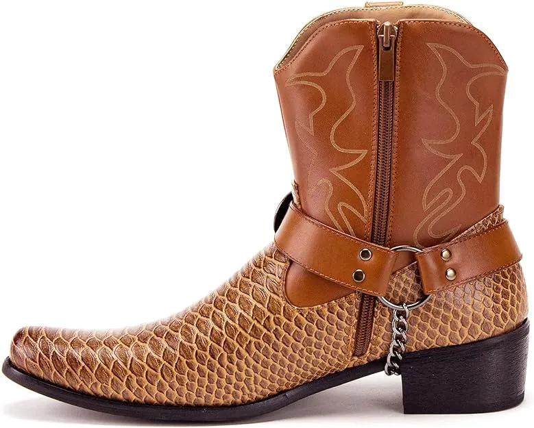 Laced Boots Men's Western Ankle High Cowboy Riding Dress Boots, Snake Print w/Belt