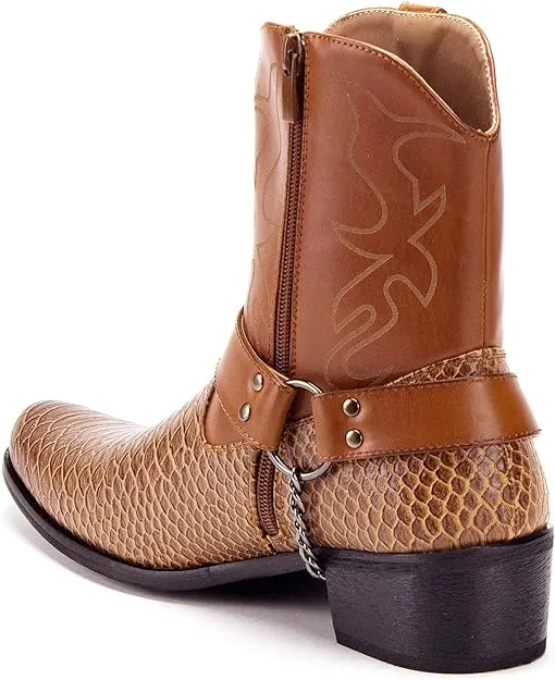 Men's Western Ankle High Cowboy Riding Dress Boots, Snake Print w/Belt Boots With Style