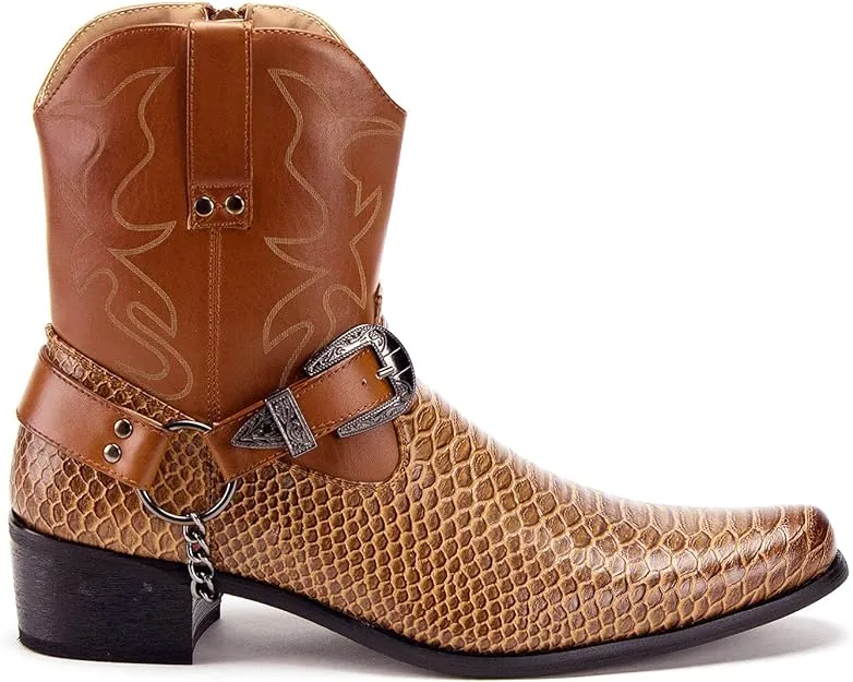 Slip Proof Work Boots Men's Western Ankle High Cowboy Riding Dress Boots, Snake Print w/Belt