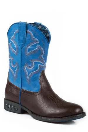 Keen Steel Toe Boots Roper Kids Unisex Lightning Brown/Blue Faux Leather Cowboy Boots