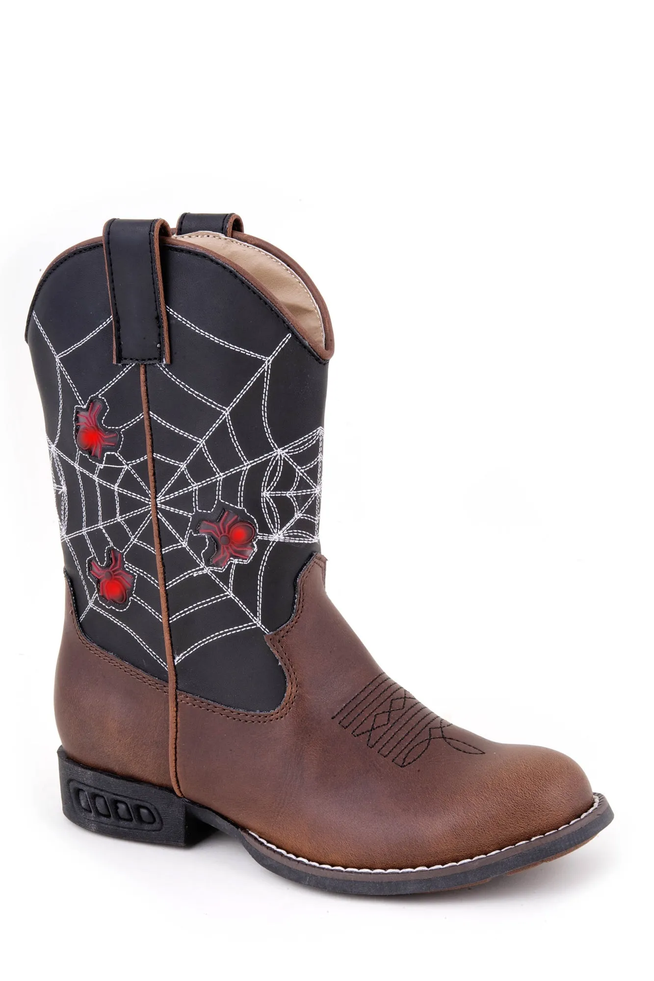 Solovair Monkey Boots Roper Kids Unisex Spider Web Brown/Black Faux Leather Cowboy Boots