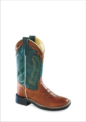 Tall Dress Boots Wide Calf 'Old West' Child's 9" Western Square Toe - Cognac / Teal