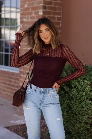 Droplet Rain Boot Plum Mock Neck Sheer Lace Bodysuit