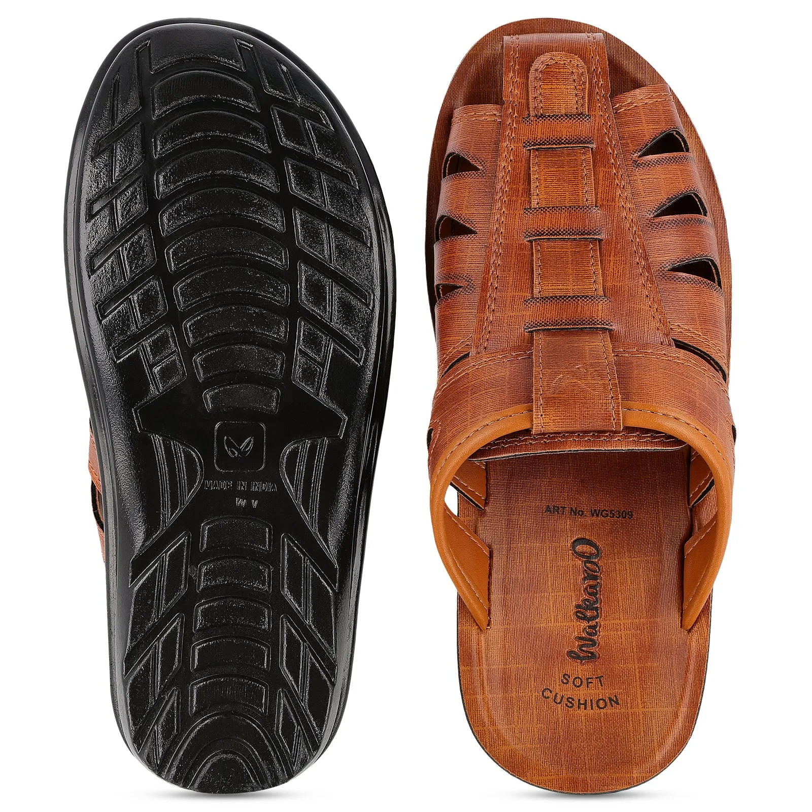 Sandals Slides Shoes Walkaroo Men Fishermen Cut Slide Sandals  - WG5309 Tan