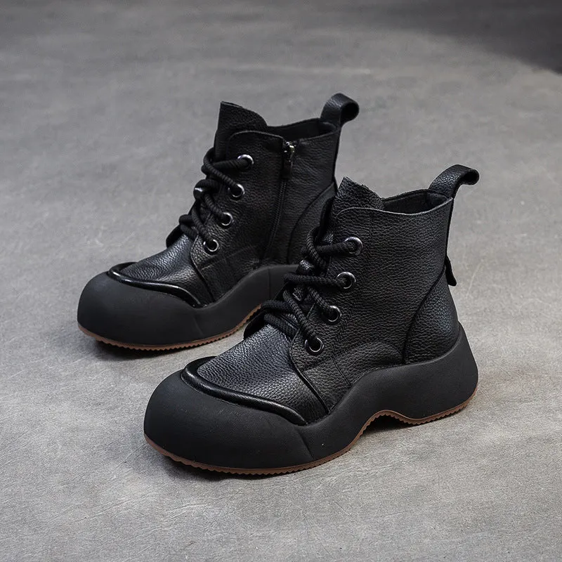 Double Sole Boots Women Solid Soft Leather Casual Thick Soled Boots