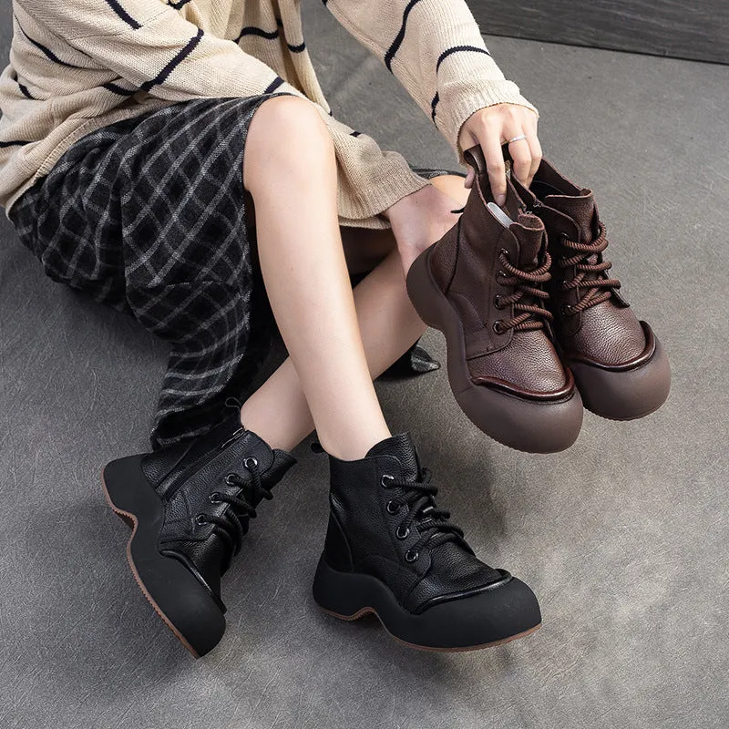 2 Heeled Boots Women Solid Soft Leather Casual Thick Soled Boots