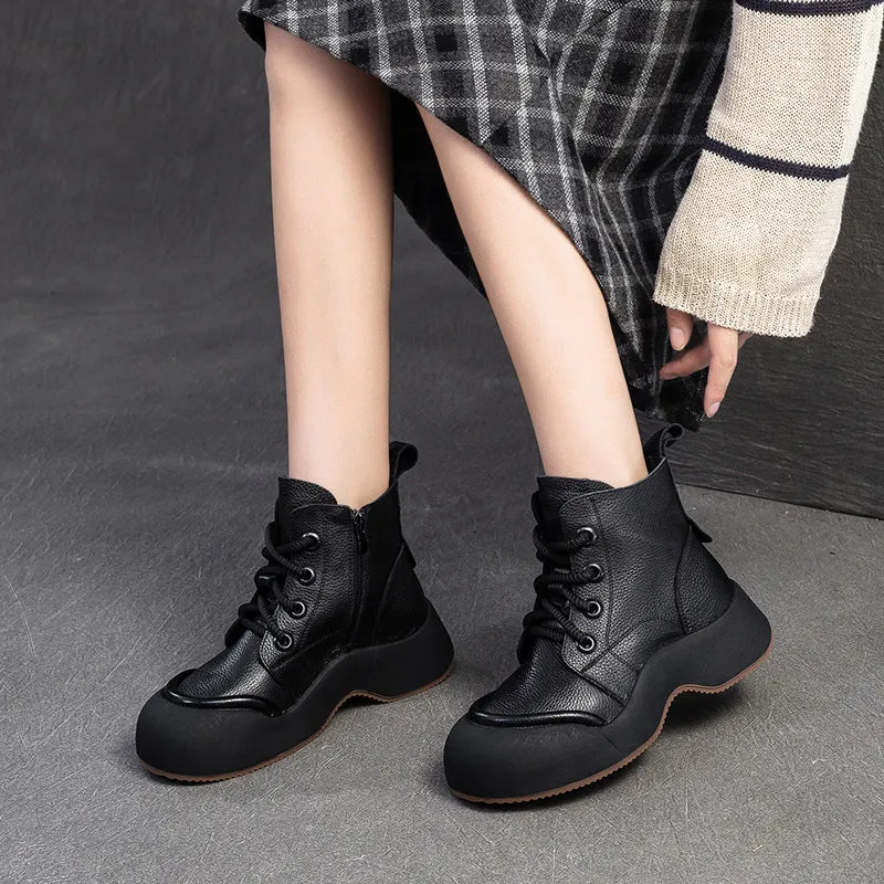 Women Solid Soft Leather Casual Thick Soled Boots Fashion Western Boots
