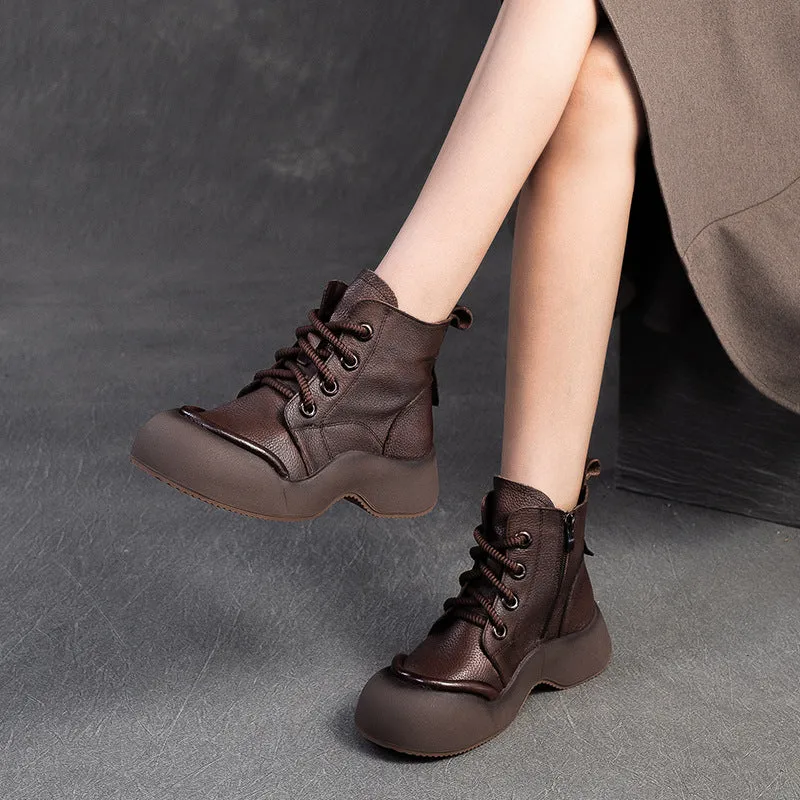 Women Solid Soft Leather Casual Thick Soled Boots Female Western Boots