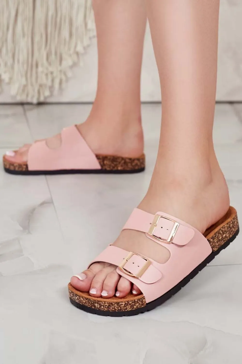 PINK SOFT FOOTBED SUMMER FLAT SLIDERS SANDALS Slippers Print