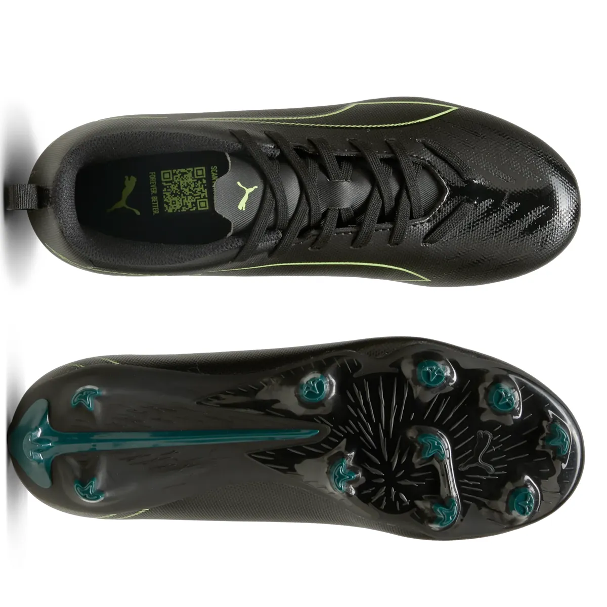 Puma Ultra 6 Play FG/AG JR Football Boots - Youth - Black/Fizzy Light/Green Cleats For Baseball And Soccer