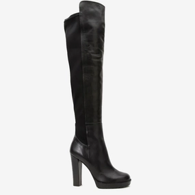 The Sao Paulo Black Leather Knee High Platform Heel Women Boot Hunter Tall Rain Boots