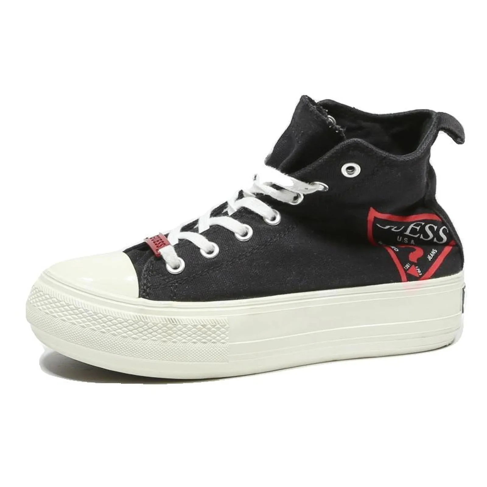 Ethical Training Shoes GUESS High Top Girls Trainers Black Canvas UK 2 Platform Lace-Up Casual