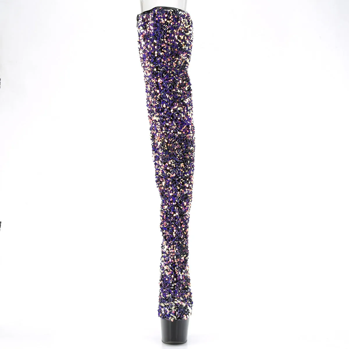 Knee High Moto Boots 7 Inch Heel ADORE-3020 Purple Multi Sequins