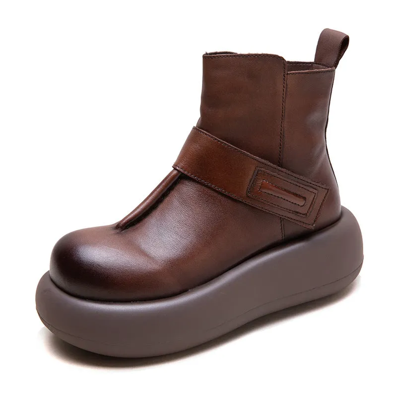 Boots In The City Women Vintage Solid Leather Casual Platform Boots