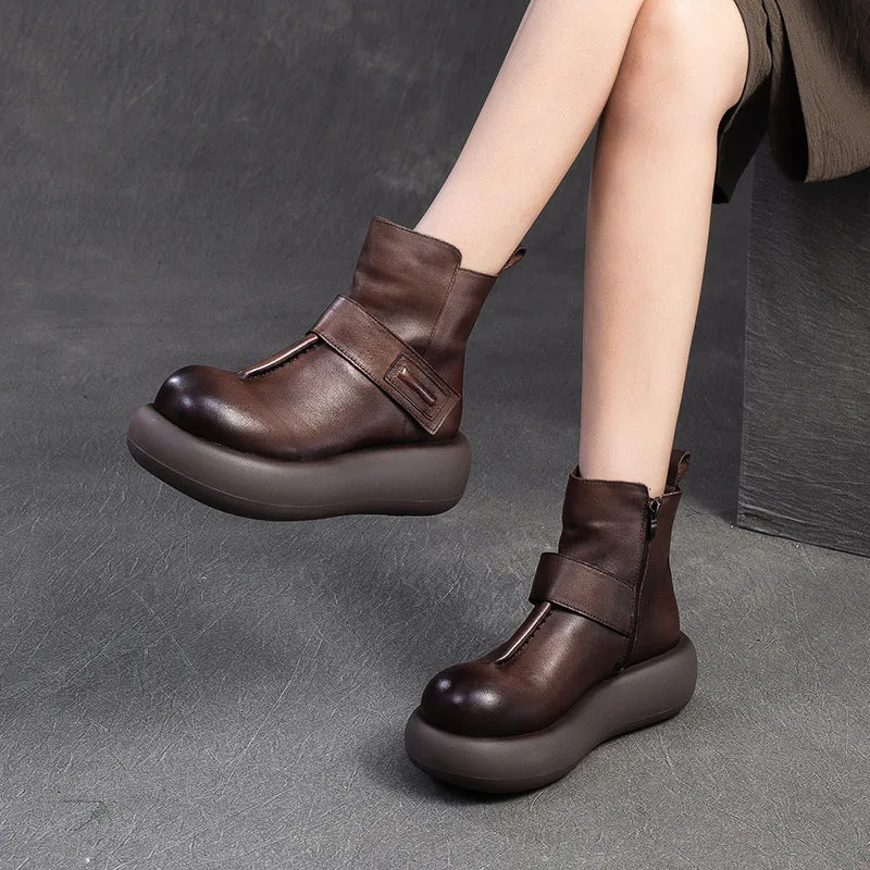 Women Vintage Solid Leather Casual Platform Boots Great Rain Boots