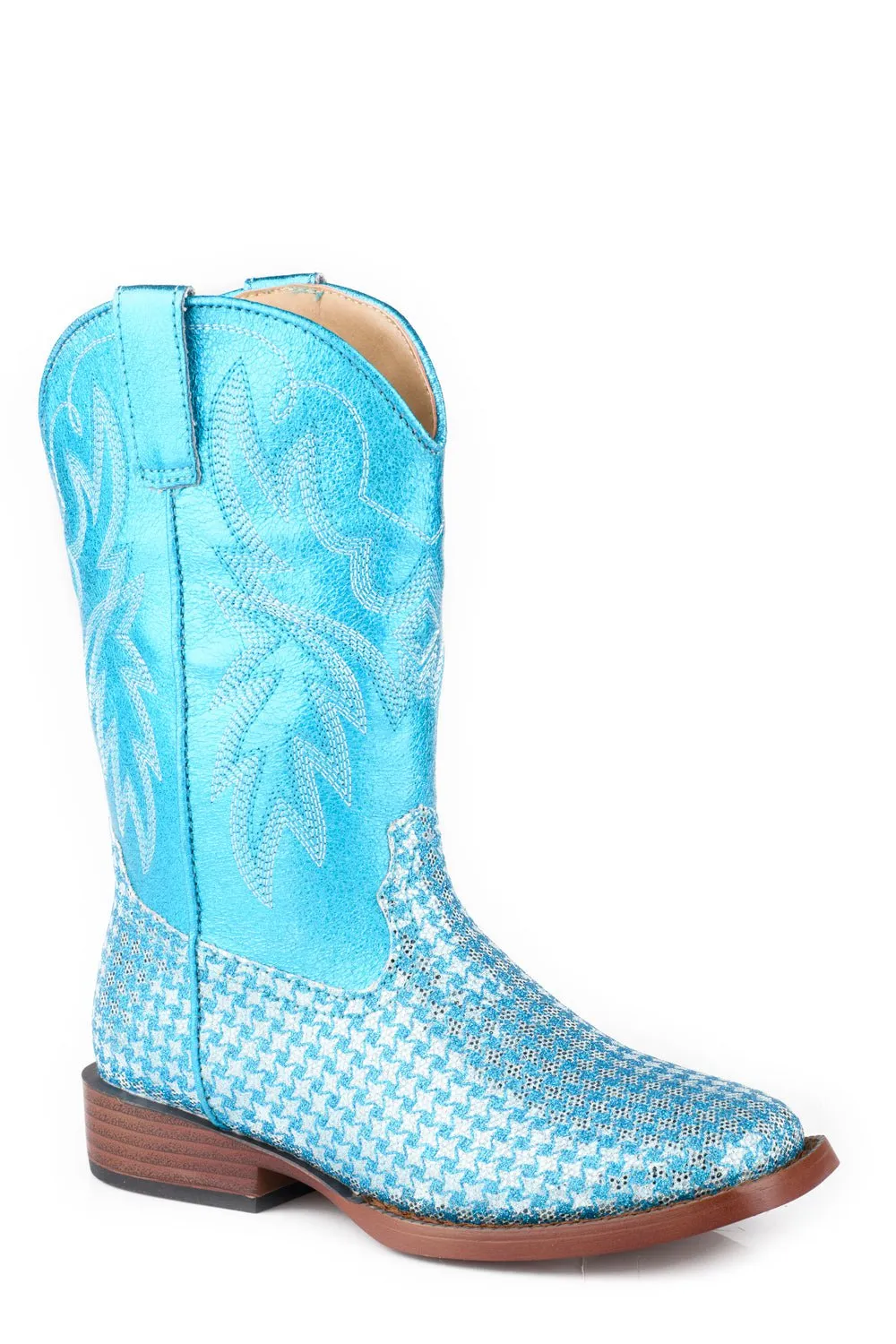 Roper Kids Girls Glitter Gleam Blue Faux Leather 9in Cowboy Boots Wide Width Rubber Boots