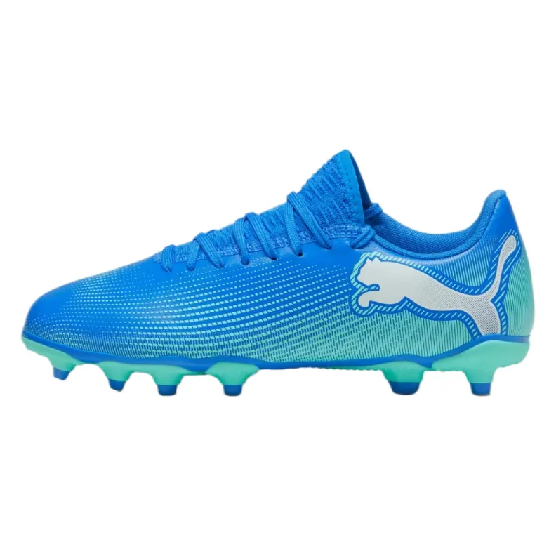 Soccer Cleat Collection Puma Future 7 Play Firm Ground Junior Football Boots Hyperlink Blue Mint White (Blue Mint)
