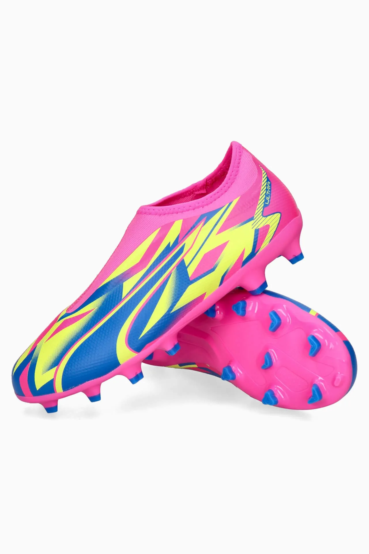Puma Junior Laceless Ultra Match FG/MG Firm Ground Soccer Shoes - Pink- Yellow Alert - Ultra Blue Badminton Training Shoes